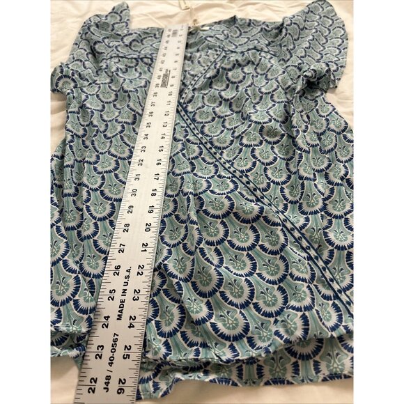New Max Studio Womens Flutter Sleeve Faux Wrap Blouse Top Medium Blue/Green Art - Picture 9 of 10